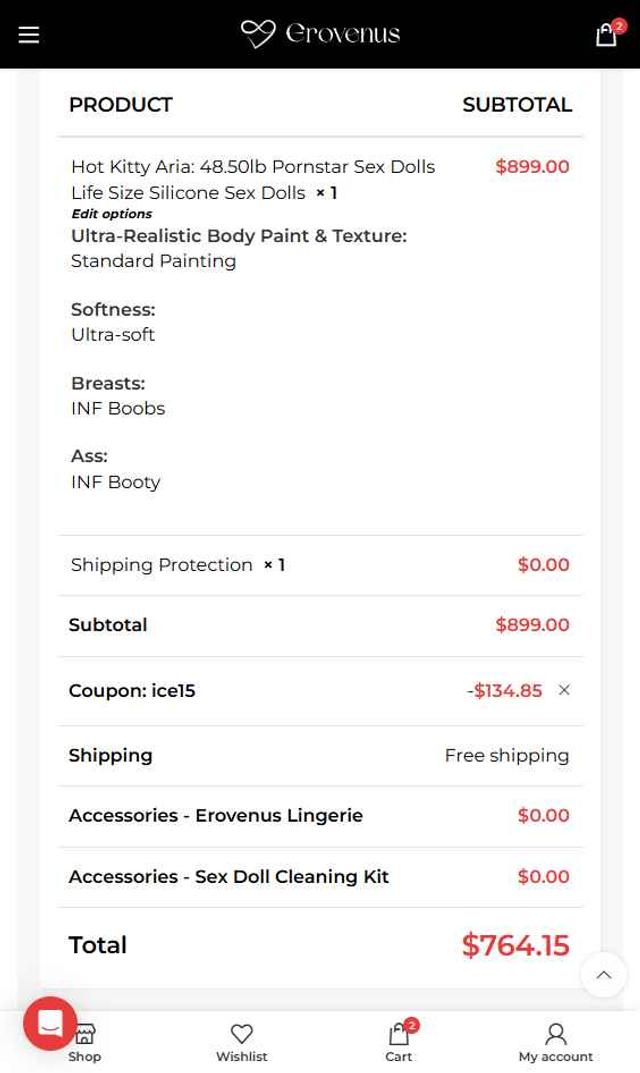 Erovenus checkout page showing Erovenus coupon code box | Screenshot taken by SimplyCodes community member on Sep 23, 2025