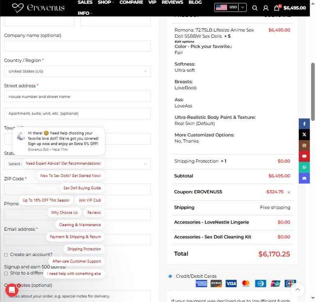 Erovenus checkout page showing Erovenus coupon code box | Screenshot taken by SimplyCodes community member on Sep 10, 2025