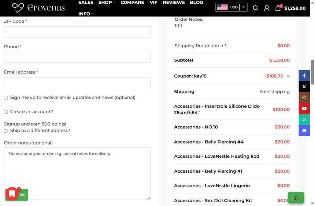 Erovenus checkout page showing Erovenus coupon code box | Screenshot taken by SimplyCodes community member on Oct 2, 2025