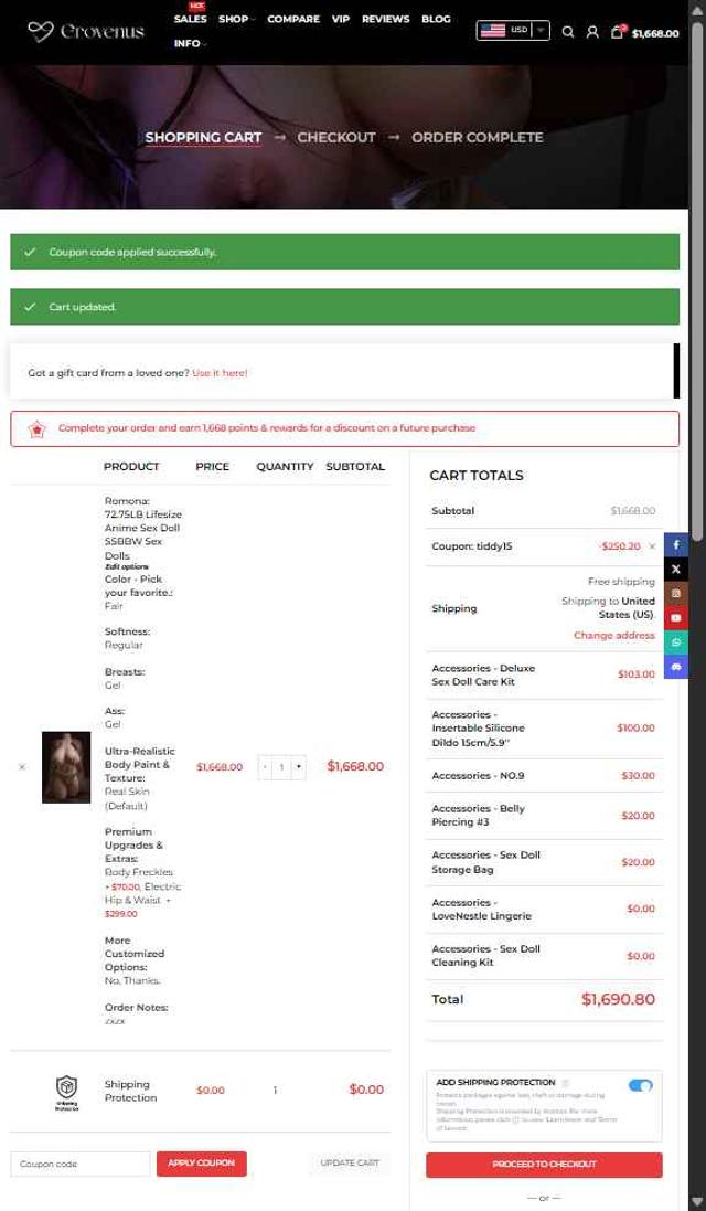 Erovenus checkout page showing Erovenus coupon code box | Screenshot taken by SimplyCodes community member on Sep 21, 2025