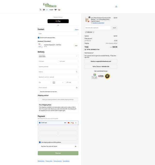 Erth Wellness checkout page showing Erth Wellness discount code box | Screenshot taken by SimplyCodes community member on Sep 11, 2025