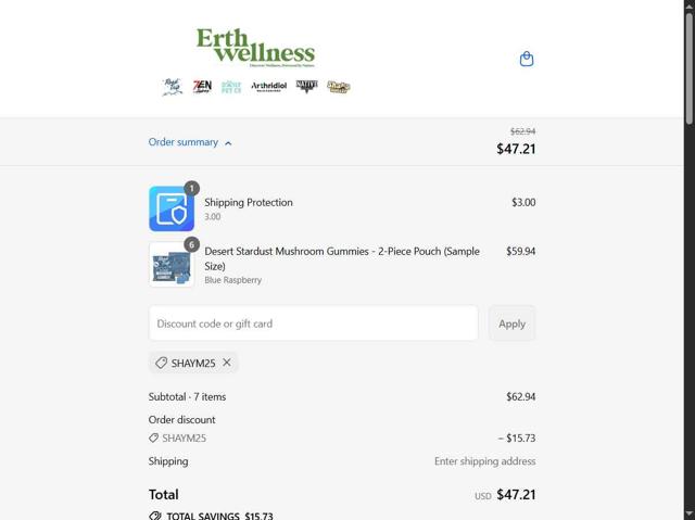 Erth Wellness checkout page showing Erth Wellness discount code box | Screenshot taken by SimplyCodes community member on Sep 11, 2025