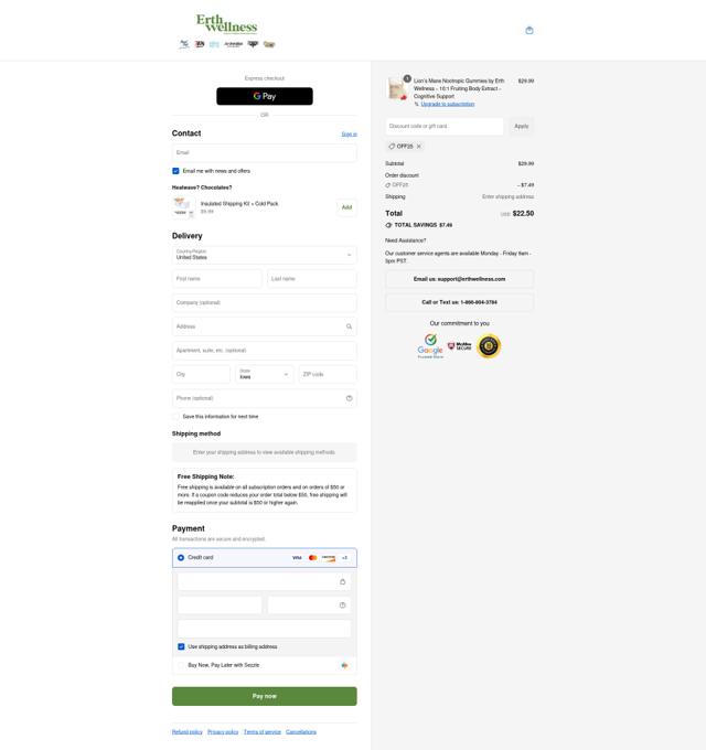 Erth Wellness checkout page showing Erth Wellness discount code box | Screenshot taken by SimplyCodes community member on Sep 11, 2025