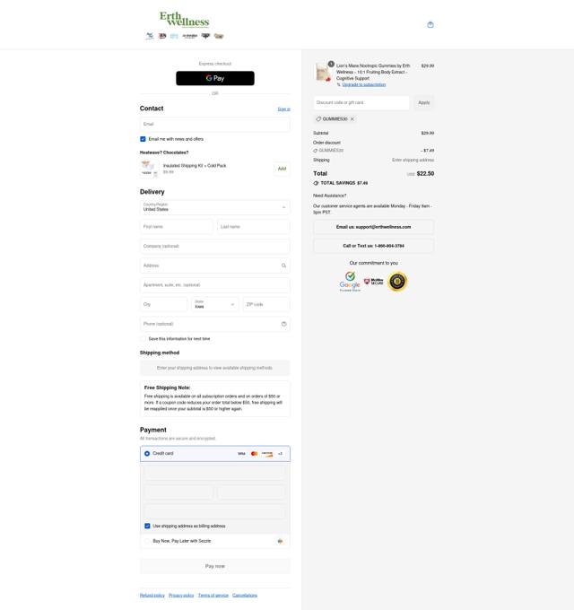 Erth Wellness checkout page showing Erth Wellness discount code box | Screenshot taken by SimplyCodes community member on Sep 11, 2025