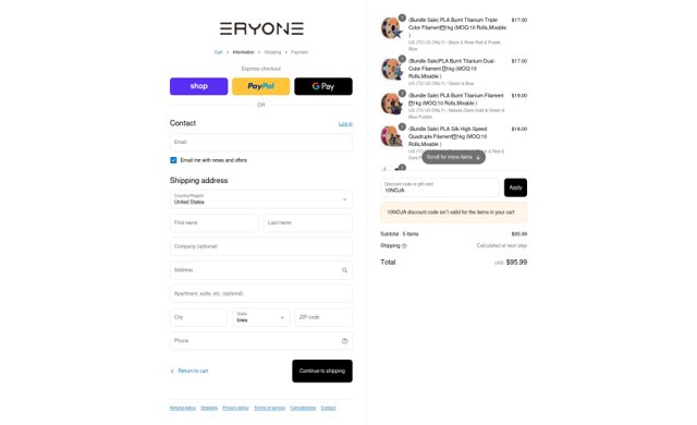 Eryone checkout page showing Eryone coupon code box | Screenshot taken by SimplyCodes community member on Sep 2, 2025