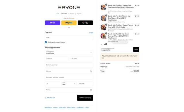 Eryone checkout page showing Eryone coupon code box | Screenshot taken by SimplyCodes community member on Sep 2, 2025