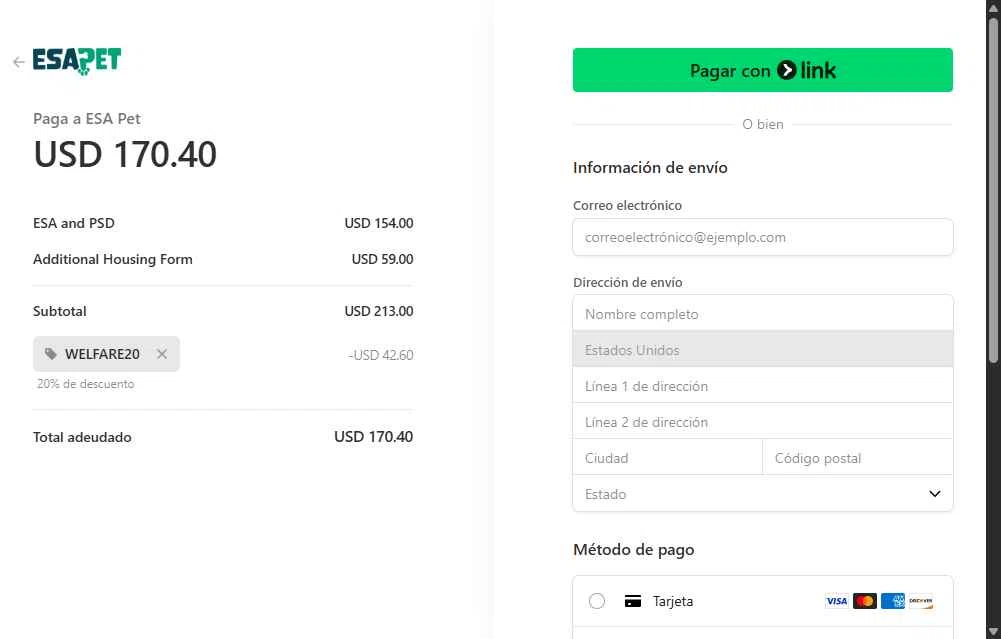 ESA Pet checkout page showing ESA Pet coupon code box | Screenshot taken by SimplyCodes community member on Jul 17, 2025