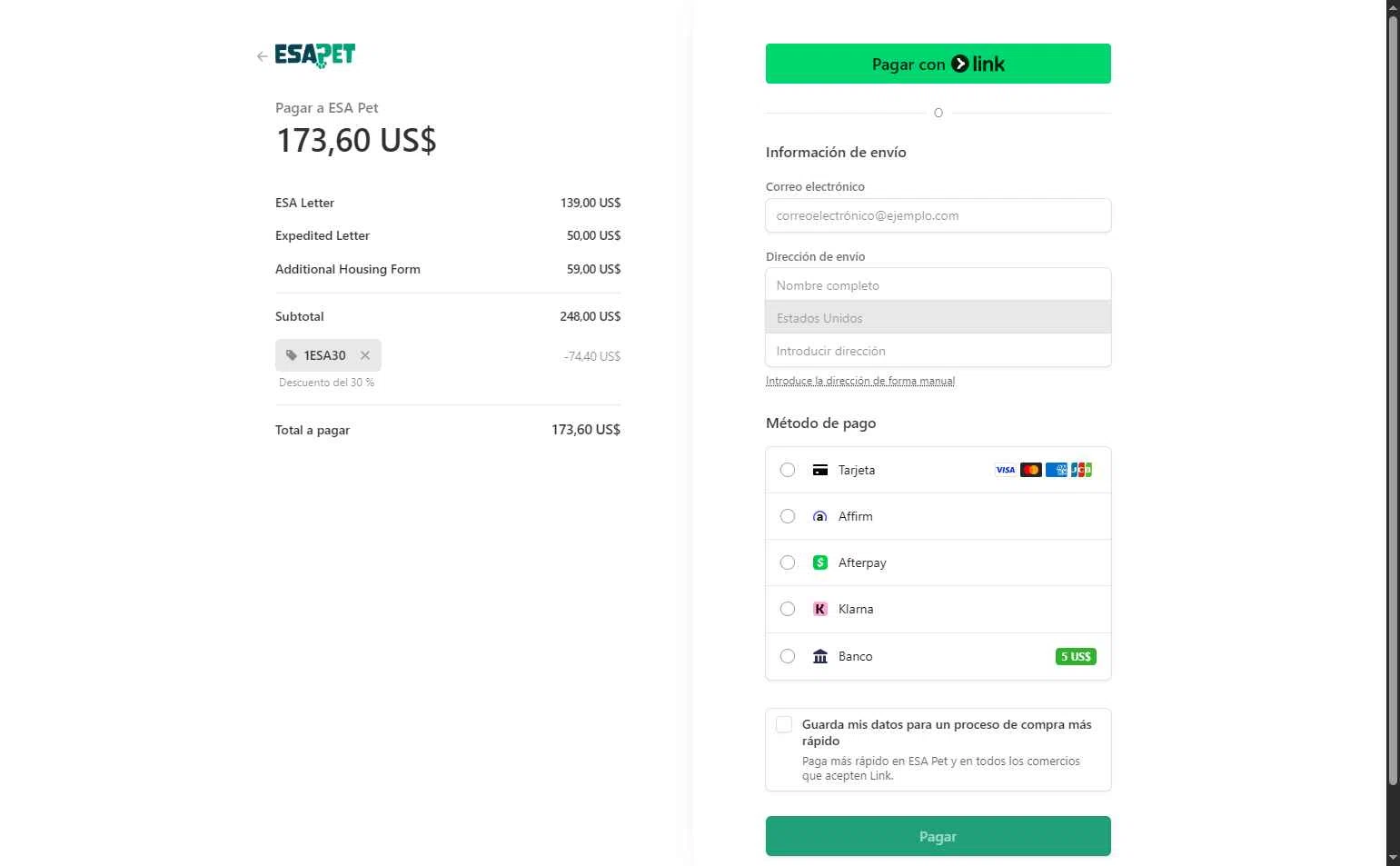 ESA Pet checkout page showing ESA Pet coupon code box | Screenshot taken by SimplyCodes community member on Jul 11, 2025
