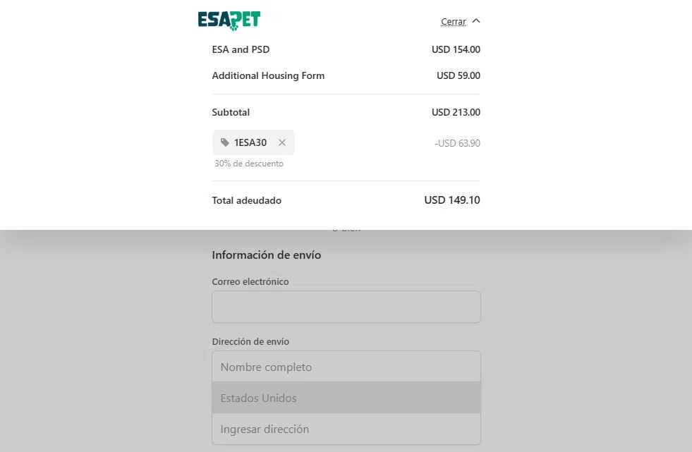ESA Pet checkout page showing ESA Pet coupon code box | Screenshot taken by SimplyCodes community member on May 14, 2025
