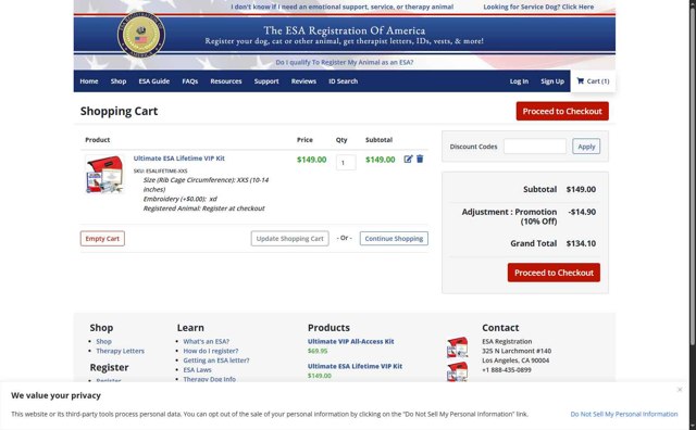 ESA Registration checkout page showing ESA Registration promo code box | Screenshot taken by SimplyCodes community member on Aug 26, 2025