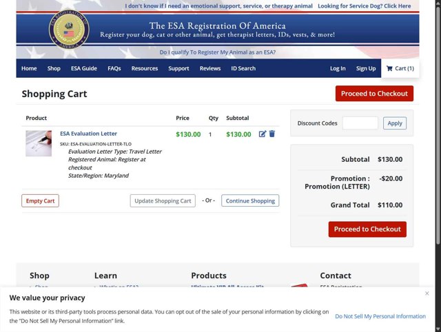 ESA Registration checkout page showing ESA Registration promo code box | Screenshot taken by SimplyCodes community member on Sep 3, 2025