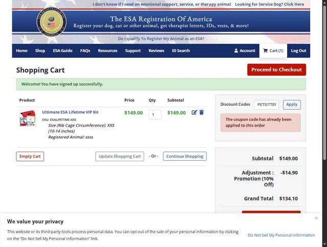 ESA Registration checkout page showing ESA Registration promo code box | Screenshot taken by SimplyCodes community member on Aug 19, 2025