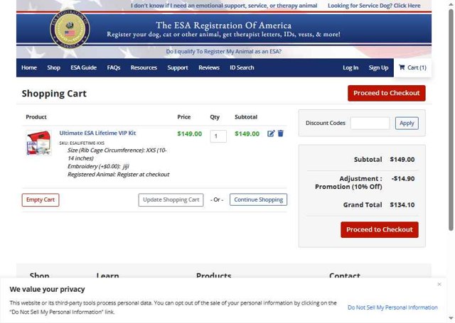ESA Registration checkout page showing ESA Registration promo code box | Screenshot taken by SimplyCodes community member on Aug 25, 2025