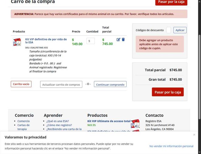 ESA Registration checkout page showing ESA Registration promo code box | Screenshot taken by SimplyCodes community member on Sep 5, 2025