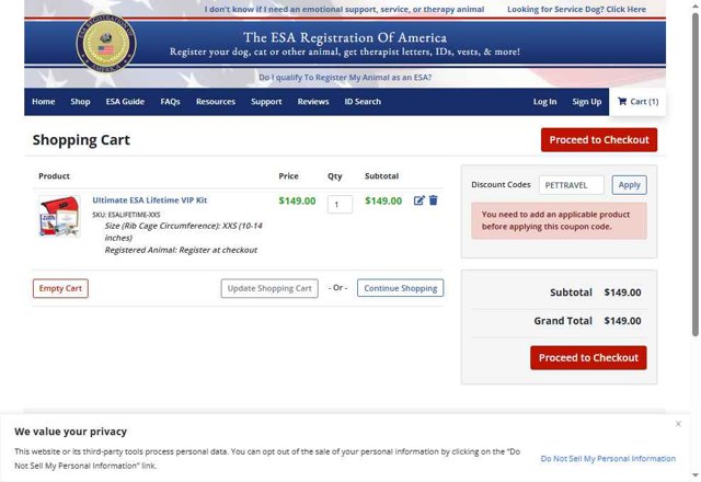 ESA Registration checkout page showing ESA Registration promo code box | Screenshot taken by SimplyCodes community member on Aug 19, 2025