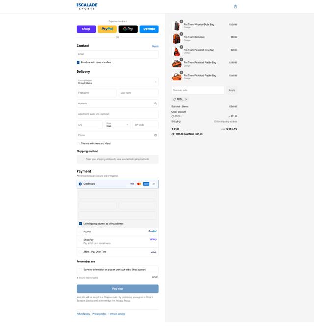 Escalade Sports checkout page showing Escalade Sports discount code box | Screenshot taken by SimplyCodes community member on Sep 14, 2025
