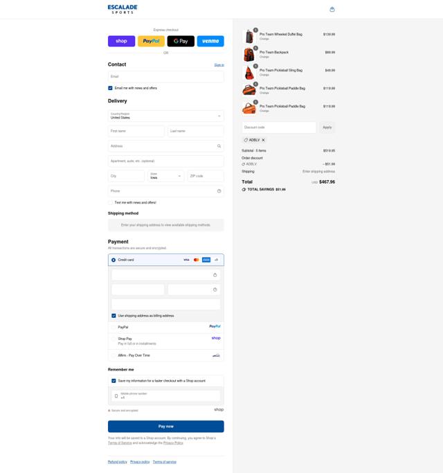 Escalade Sports checkout page showing Escalade Sports discount code box | Screenshot taken by SimplyCodes community member on Sep 14, 2025