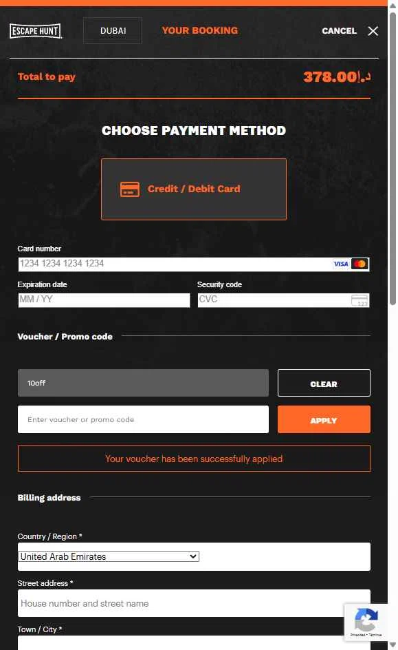Escape Hunt checkout page showing Escape Hunt discount code box | Screenshot taken by SimplyCodes community member on Jul 30, 2025