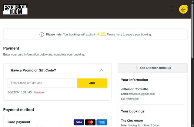 Escape The Room checkout page showing Escape The Room promo code box | Screenshot taken by SimplyCodes community member on Aug 9, 2025