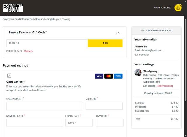 Escape The Room checkout page showing Escape The Room promo code box | Screenshot taken by SimplyCodes community member on May 13, 2025
