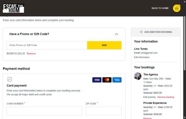 Escape The Room checkout page showing Escape The Room promo code box | Screenshot taken by SimplyCodes community member on May 25, 2025