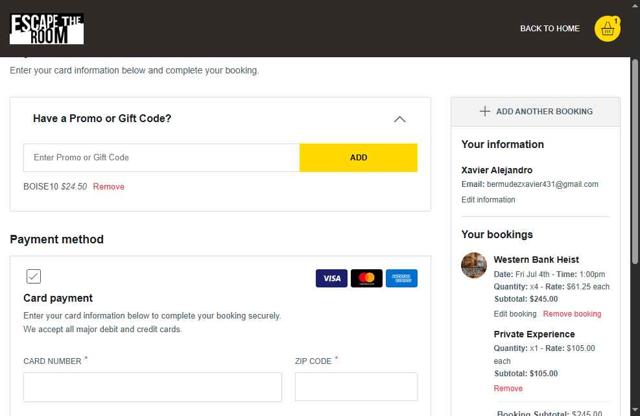 Escape The Room checkout page showing Escape The Room promo code box | Screenshot taken by SimplyCodes community member on Jul 4, 2025