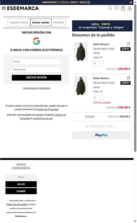 Esdemarca checkout page showing Esdemarca discount code box | Screenshot taken by SimplyCodes community member on Dec 27, 2025