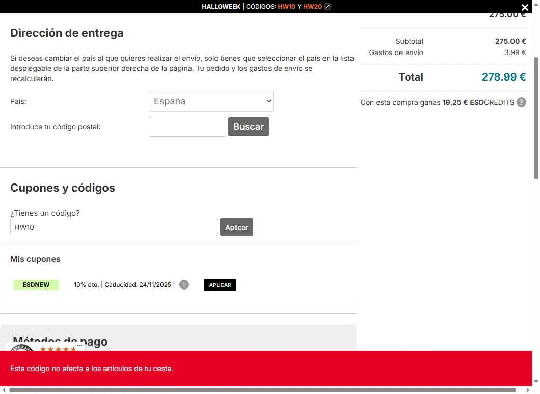 Esdemarca checkout page showing Esdemarca discount code box | Screenshot taken by SimplyCodes community member on Oct 24, 2025