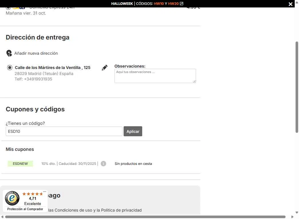 Esdemarca checkout page showing Esdemarca discount code box | Screenshot taken by SimplyCodes community member on Oct 30, 2025