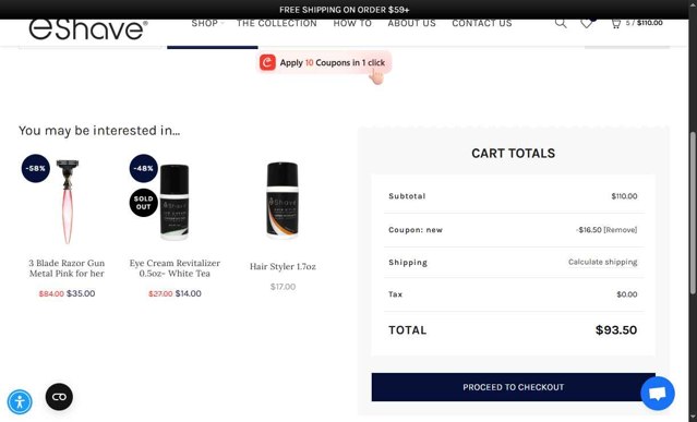 eShave checkout page showing eShave promo code box | Screenshot taken by SimplyCodes community member on May 13, 2025