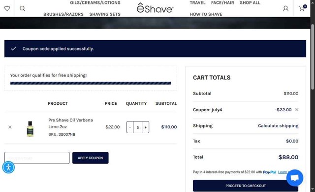 eShave checkout page showing eShave promo code box | Screenshot taken by SimplyCodes community member on Jun 27, 2025