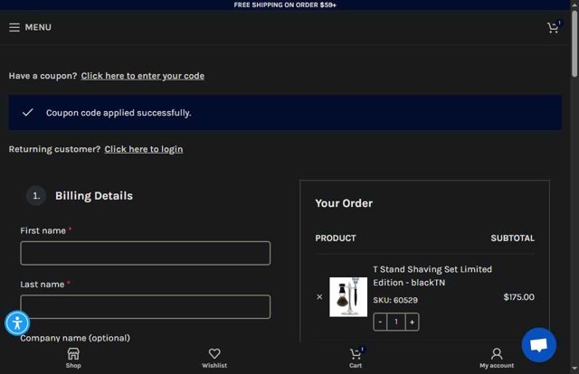 eShave checkout page showing eShave promo code box | Screenshot taken by SimplyCodes community member on Aug 23, 2025