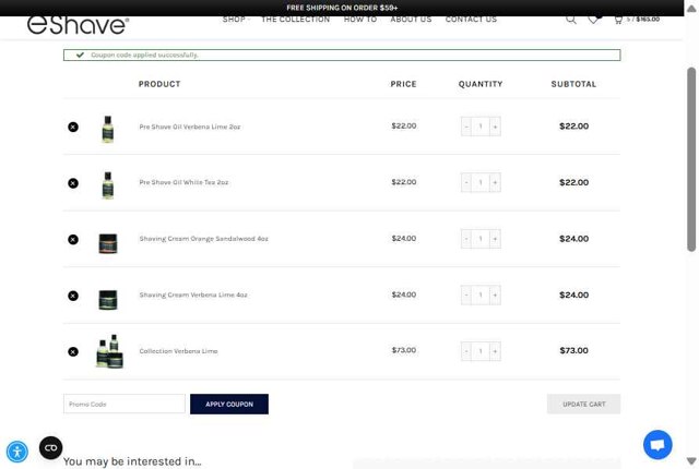 eShave checkout page showing eShave promo code box | Screenshot taken by SimplyCodes community member on May 13, 2025