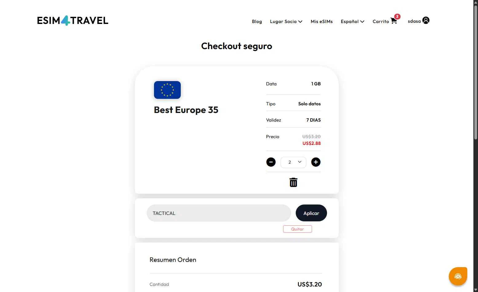 eSIM4Travel checkout page showing eSIM4Travel promo code box | Screenshot taken by SimplyCodes community member on Jan 31, 2026