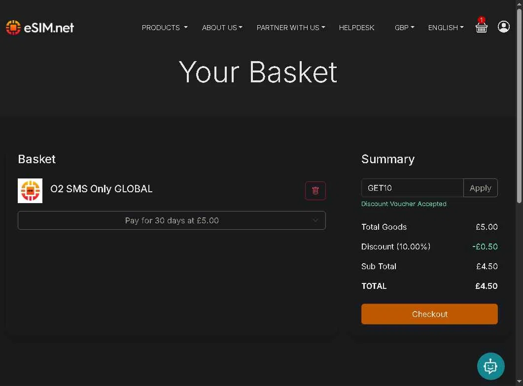 ESIM.net checkout page showing ESIM.net promo code box | Screenshot taken by SimplyCodes community member on Jan 30, 2026