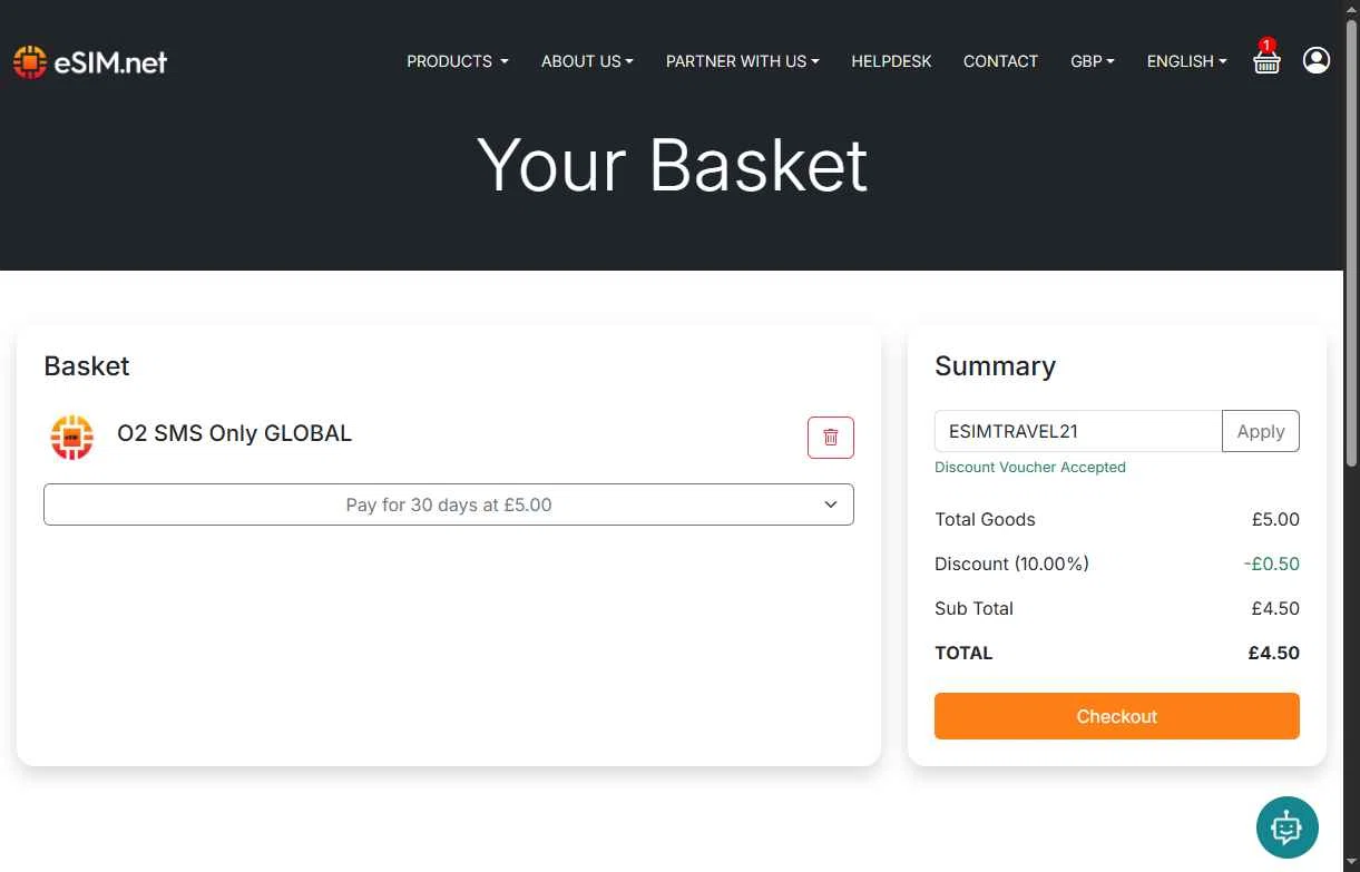 ESIM.net checkout page showing ESIM.net promo code box | Screenshot taken by SimplyCodes community member on Feb 6, 2026