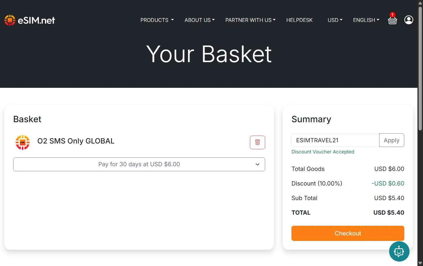 ESIM.net checkout page showing ESIM.net promo code box | Screenshot taken by SimplyCodes community member on Jan 8, 2026