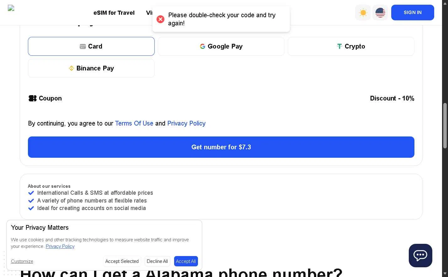 eSIM Plus checkout page showing eSIM Plus promo code box | Screenshot taken by SimplyCodes community member on Jan 19, 2026