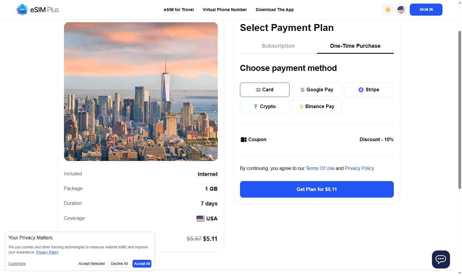 eSIM Plus checkout page showing eSIM Plus promo code box | Screenshot taken by SimplyCodes community member on Dec 17, 2025