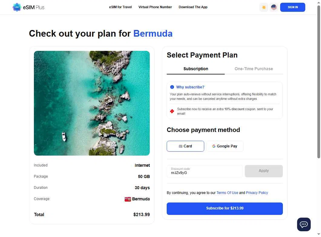 eSIM Plus checkout page showing eSIM Plus promo code box | Screenshot taken by SimplyCodes community member on Nov 18, 2025