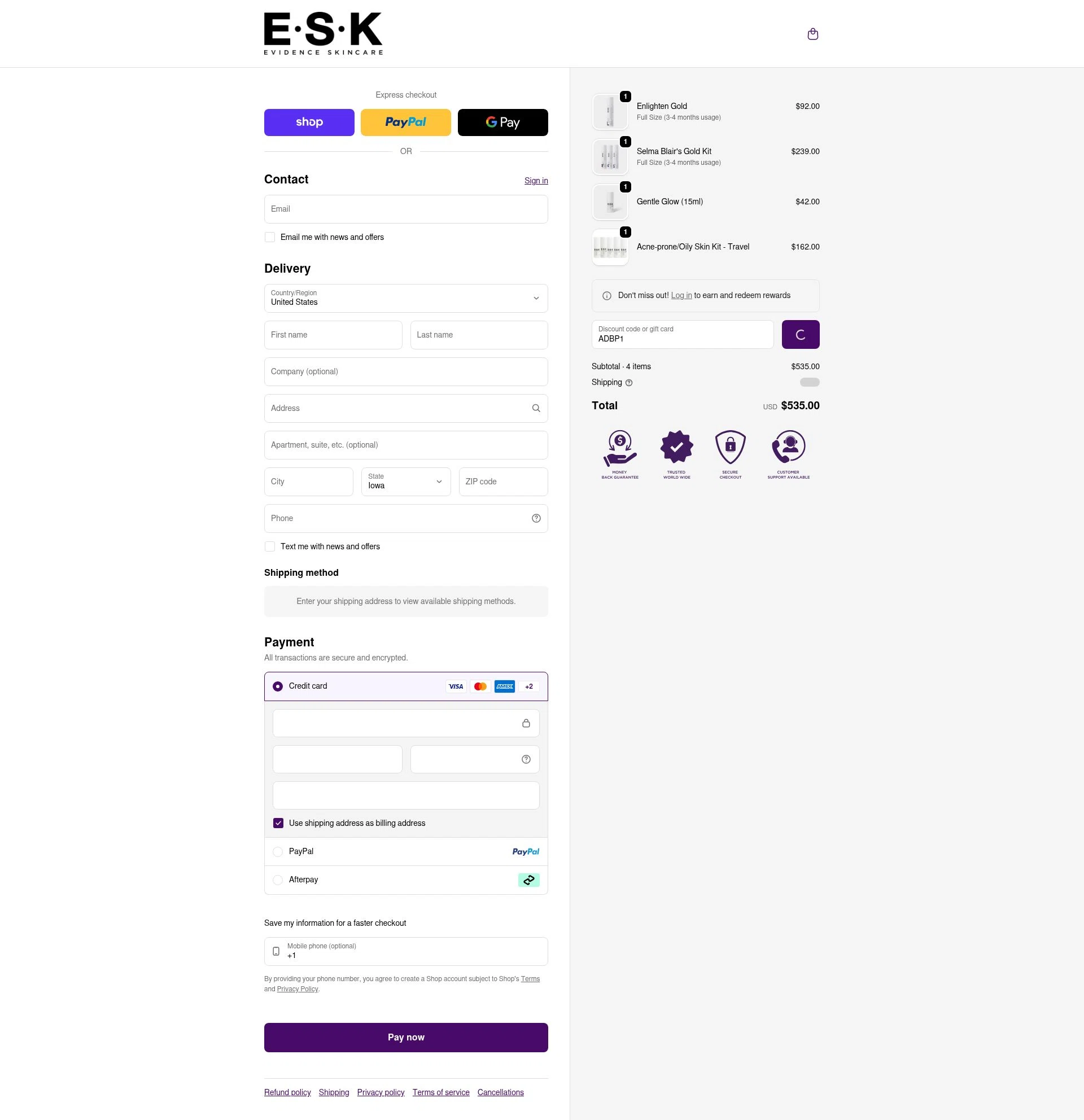 ESK checkout page showing ESK discount code box | Screenshot taken by SimplyCodes community member on Feb 10, 2026