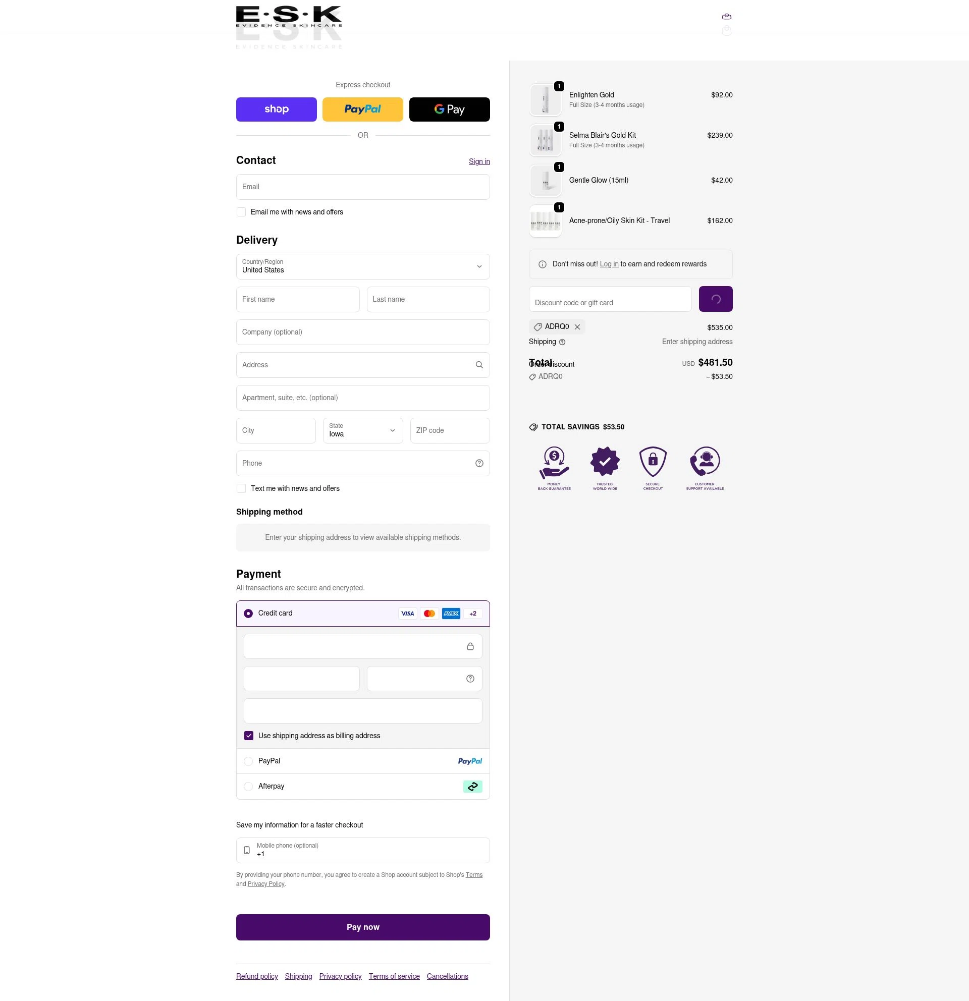 ESK checkout page showing ESK discount code box | Screenshot taken by SimplyCodes community member on Feb 10, 2026