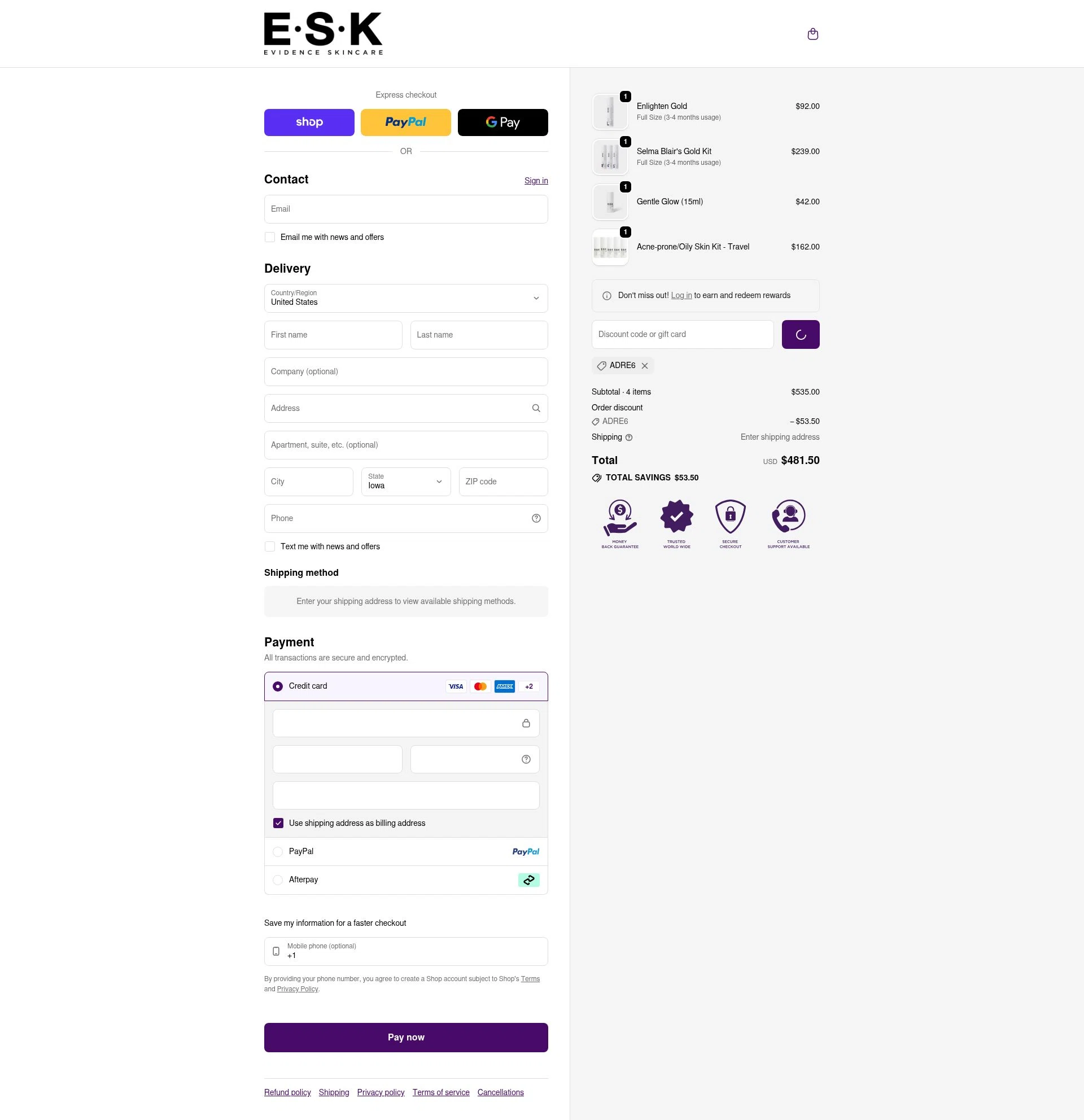 ESK checkout page showing ESK discount code box | Screenshot taken by SimplyCodes community member on Feb 10, 2026