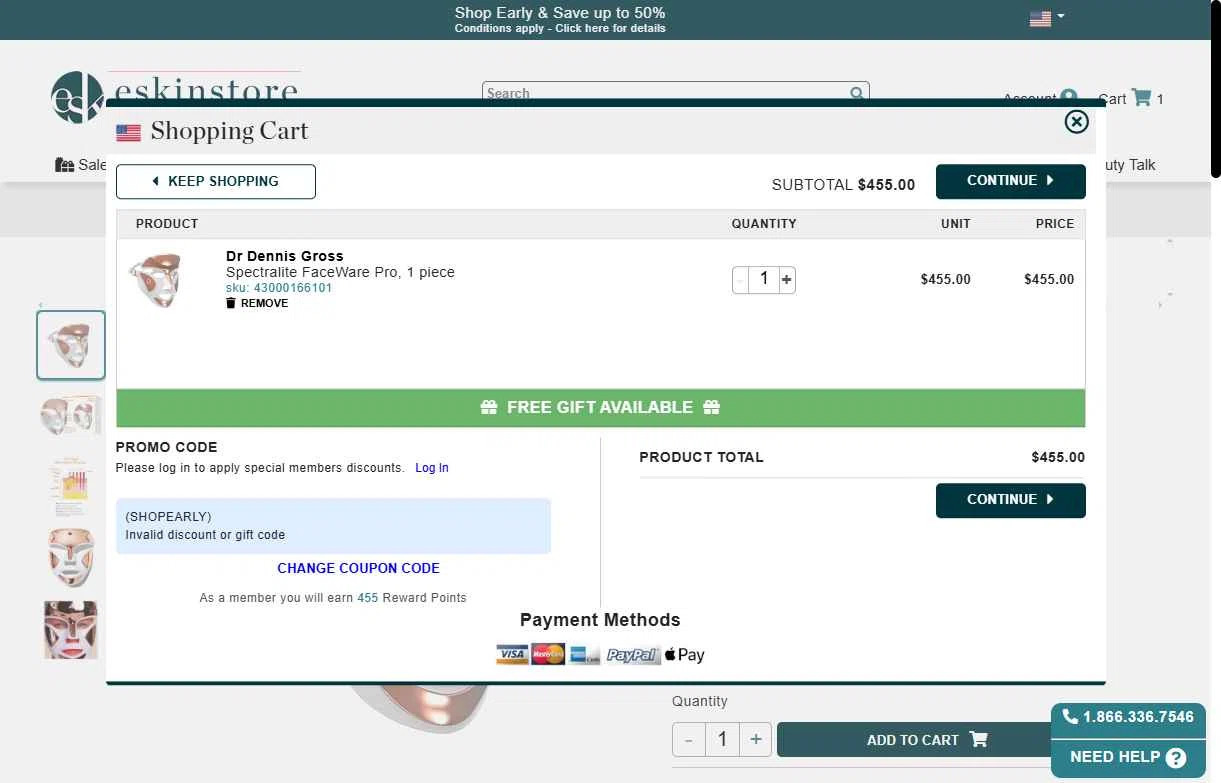 eSkinStore checkout page showing eSkinStore promo code box | Screenshot taken by SimplyCodes community member on Oct 27, 2025