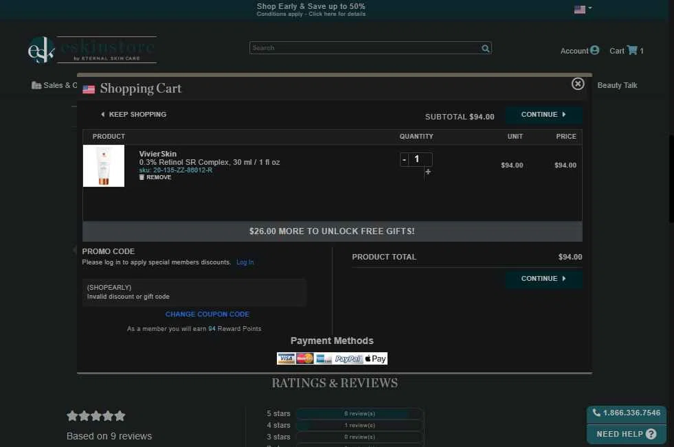 eSkinStore checkout page showing eSkinStore promo code box | Screenshot taken by SimplyCodes community member on Oct 27, 2025