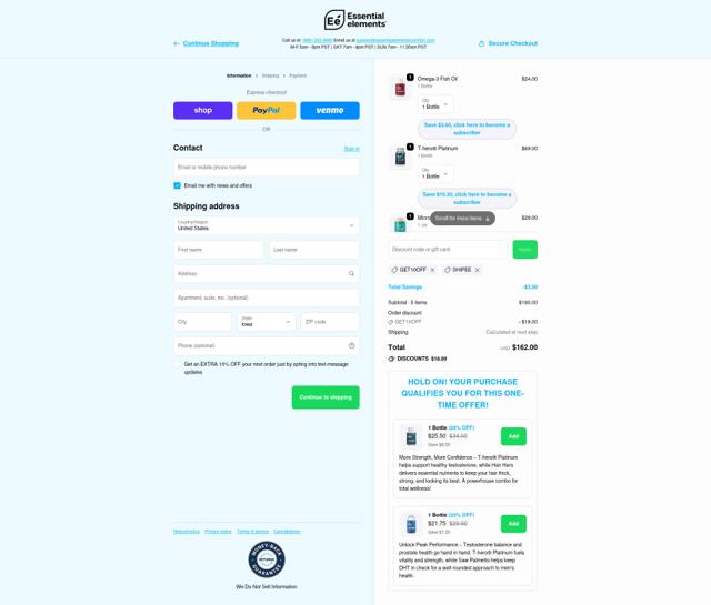 Essential Elements checkout page showing Essential Elements discount code box | Screenshot taken by SimplyCodes community member on Oct 4, 2025