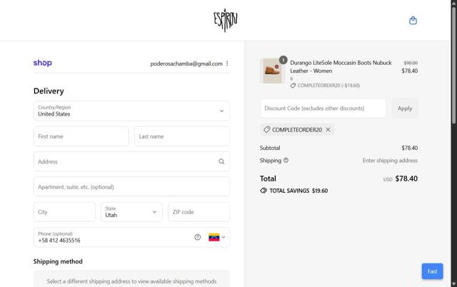 Espiritu checkout page showing Espiritu discount code box | Screenshot taken by SimplyCodes community member on Sep 7, 2025