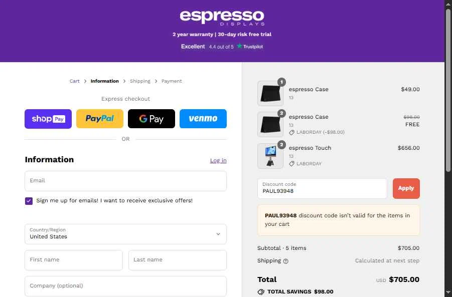 Espresso Displays checkout page showing Espresso Displays discount code box | Screenshot taken by SimplyCodes community member on Aug 27, 2025