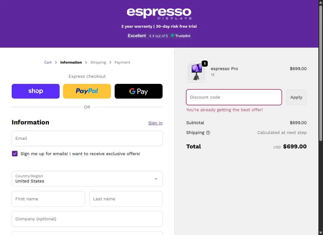 Espresso Displays checkout page showing Espresso Displays discount code box | Screenshot taken by SimplyCodes community member on Sep 26, 2025