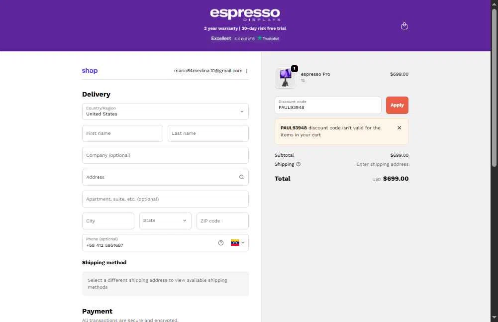 Espresso Displays checkout page showing Espresso Displays discount code box | Screenshot taken by SimplyCodes community member on Oct 5, 2025